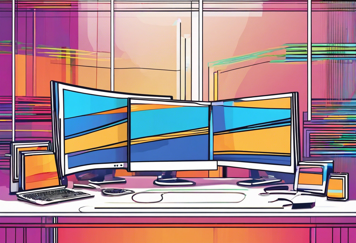 Colorful code lines displayed on a Programmer's dual-monitor setup in a technology firm