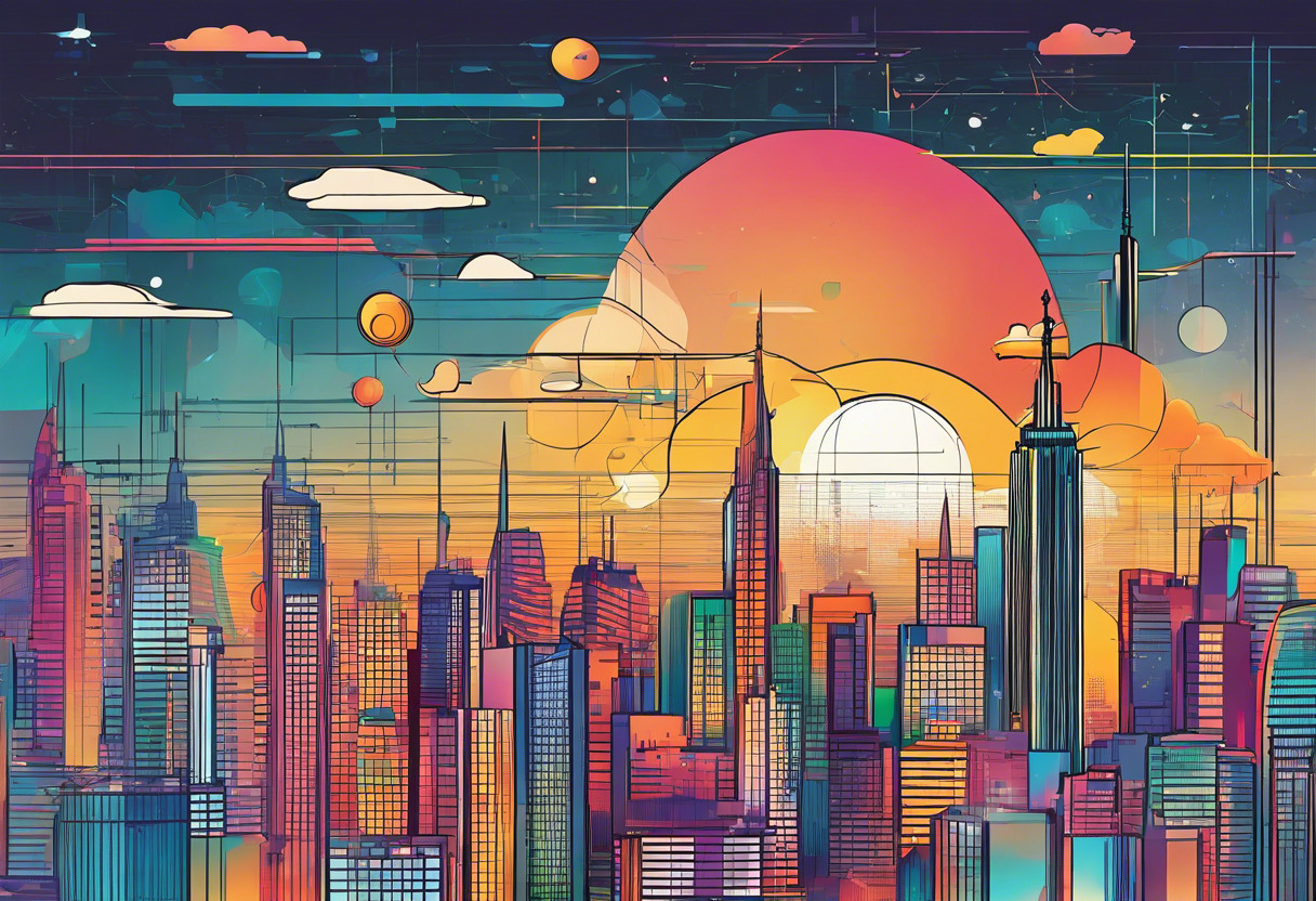 Colorful conceptual depiction of Gravity Jack's augmented reality technology, showing dynamic virtual elements superimposed on a real-world cityscape panorama