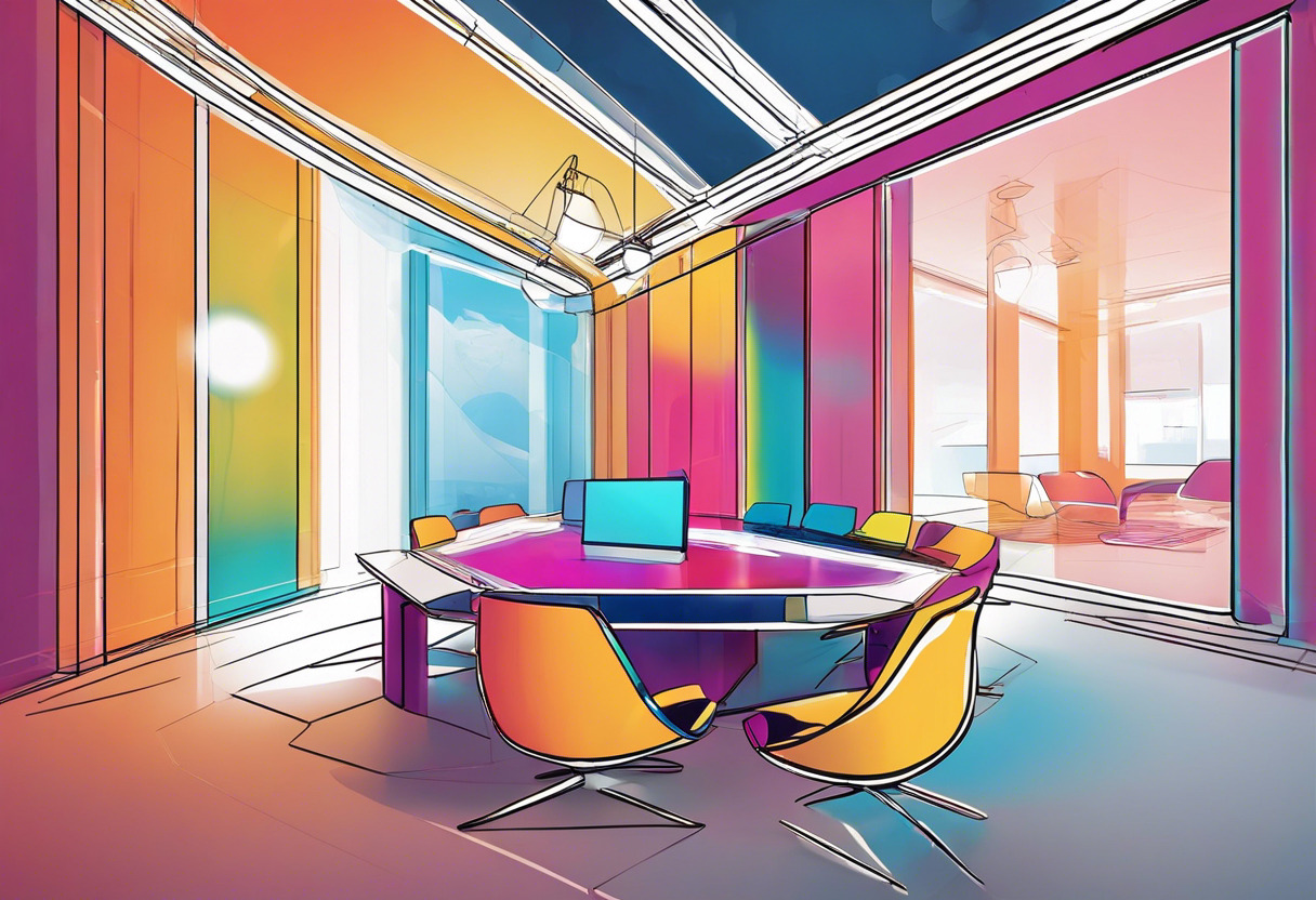 Colorful conceptual image of a product being revealed through AR projection in a boardroom via JigSpace