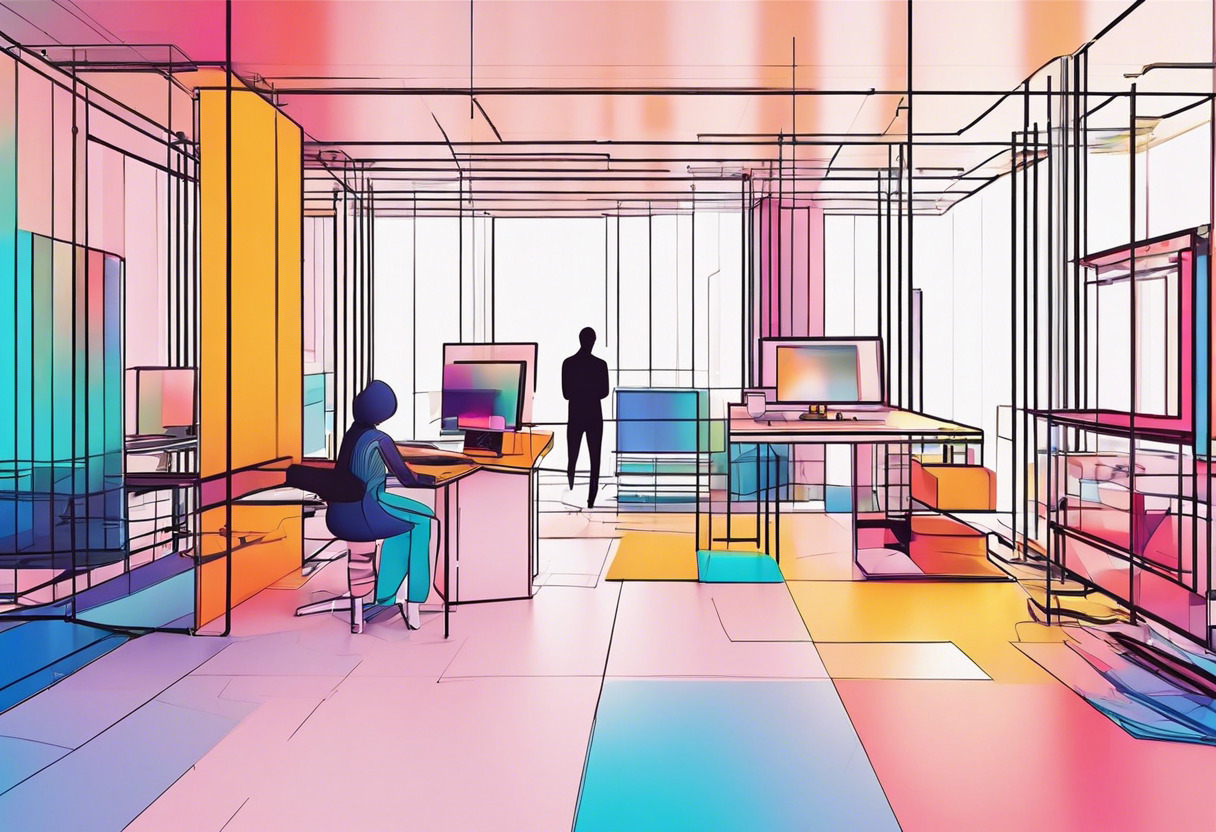 Colorful conceptual rendering of 3D human figures within a virtual design studio