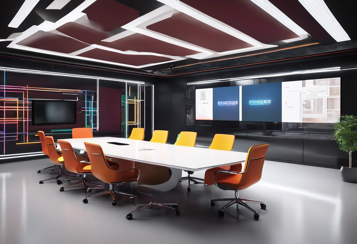 Colorful conference room with Metashape interface on screen, image alignment markers, and 3D models