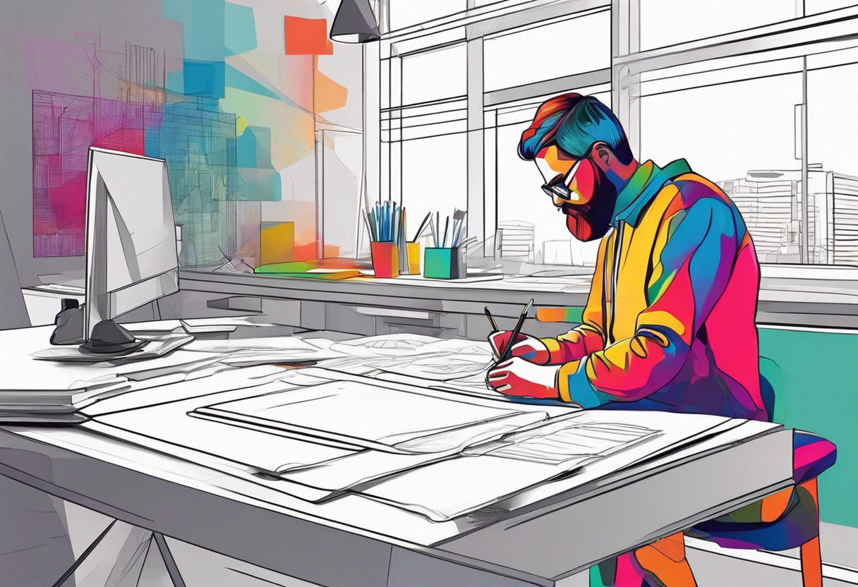 Colorful depiction of a 3D artist at work in a design studio