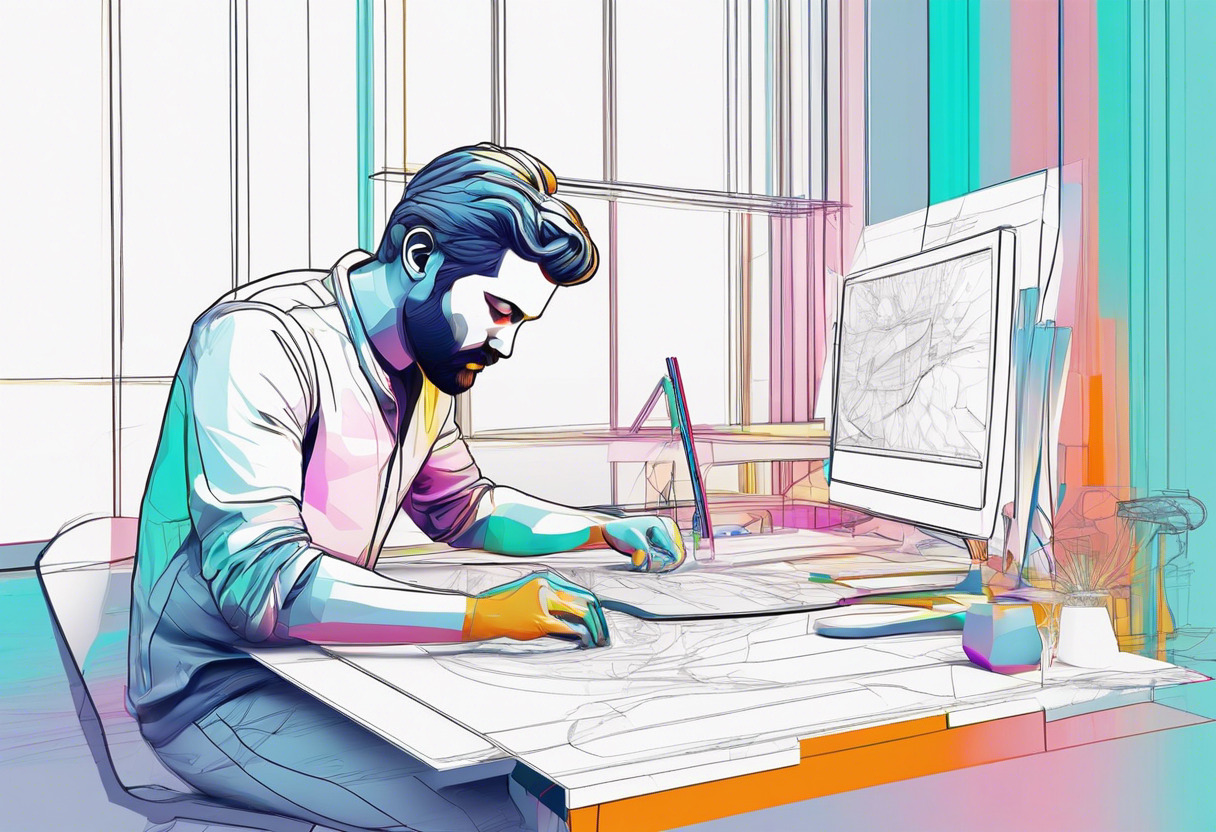 Colorful depiction of a 3D artist engrossed in sculpting a model using Mudbox in a modern digital studio