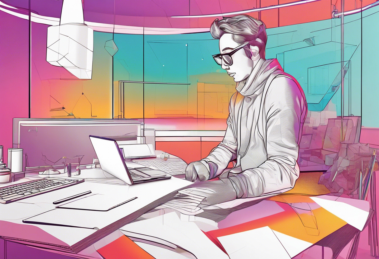Colorful depiction of a 3D artist focused on a digital model in a studio, with CGI creatures and Blender interface in the backdrop