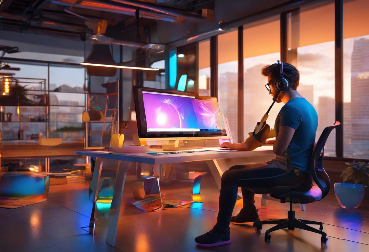 Colorful depiction of a 3D designer working on Daz Studio in a modern workspace