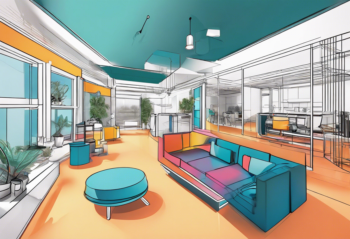 Colorful depiction of a 3D space captured by Matterport in an enterprise setting