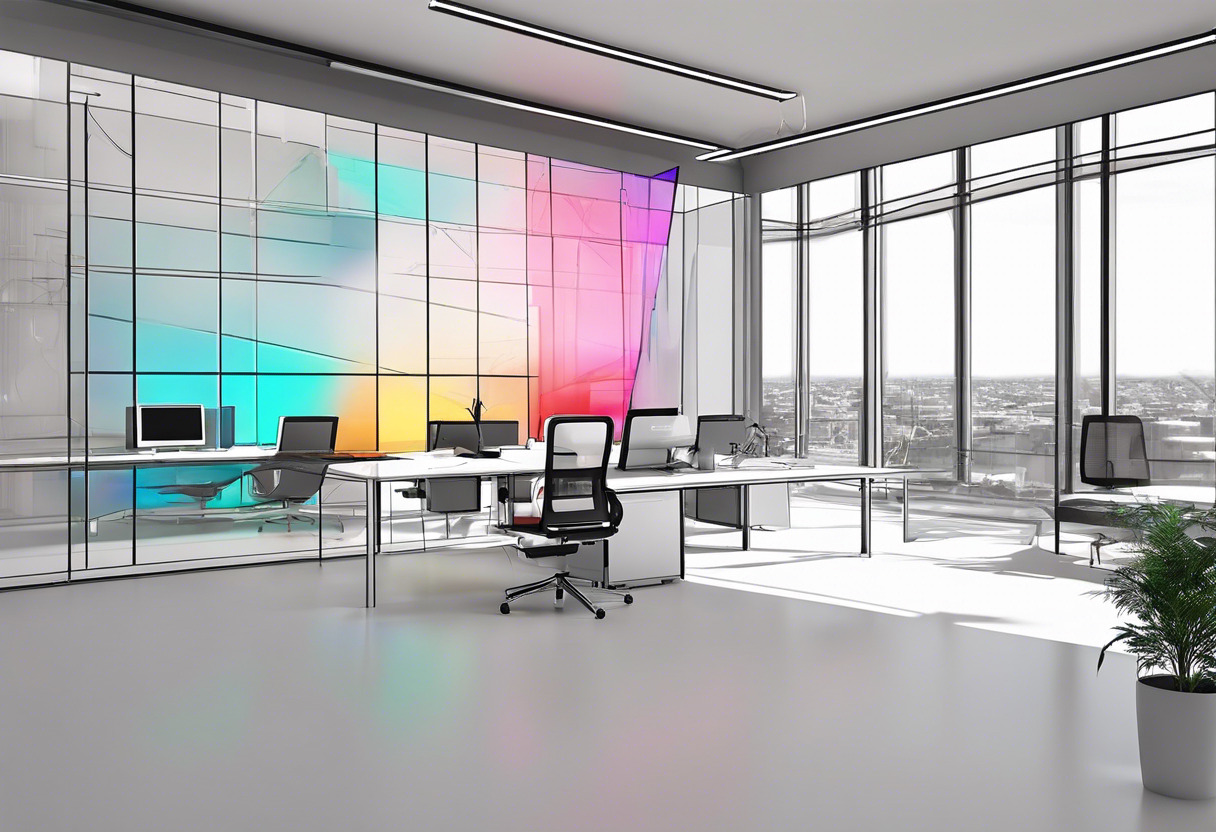 Colorful depiction of a 3D triangular mesh being edited on MeshLab in a modern office environment