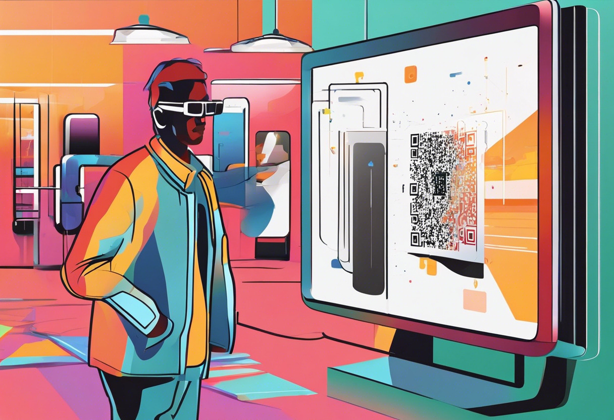 Colorful depiction of a blind man interacting with an augmented display via Accessible QR code in a modern Zappar studio