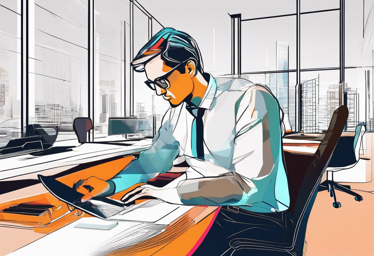 Colorful depiction of a businessman using Fusion360 in a modern office