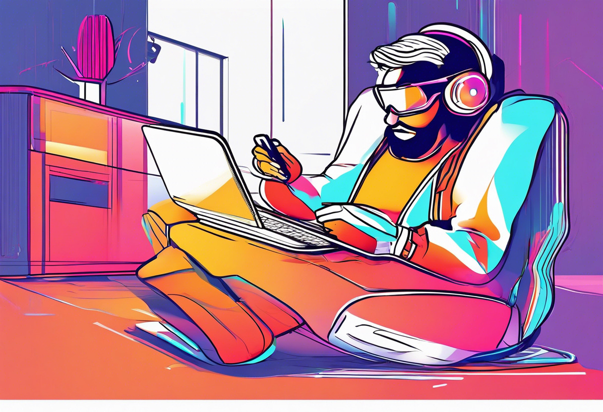Colorful depiction of a casual gamer immersed in a portable virtual experience using Nreal Air