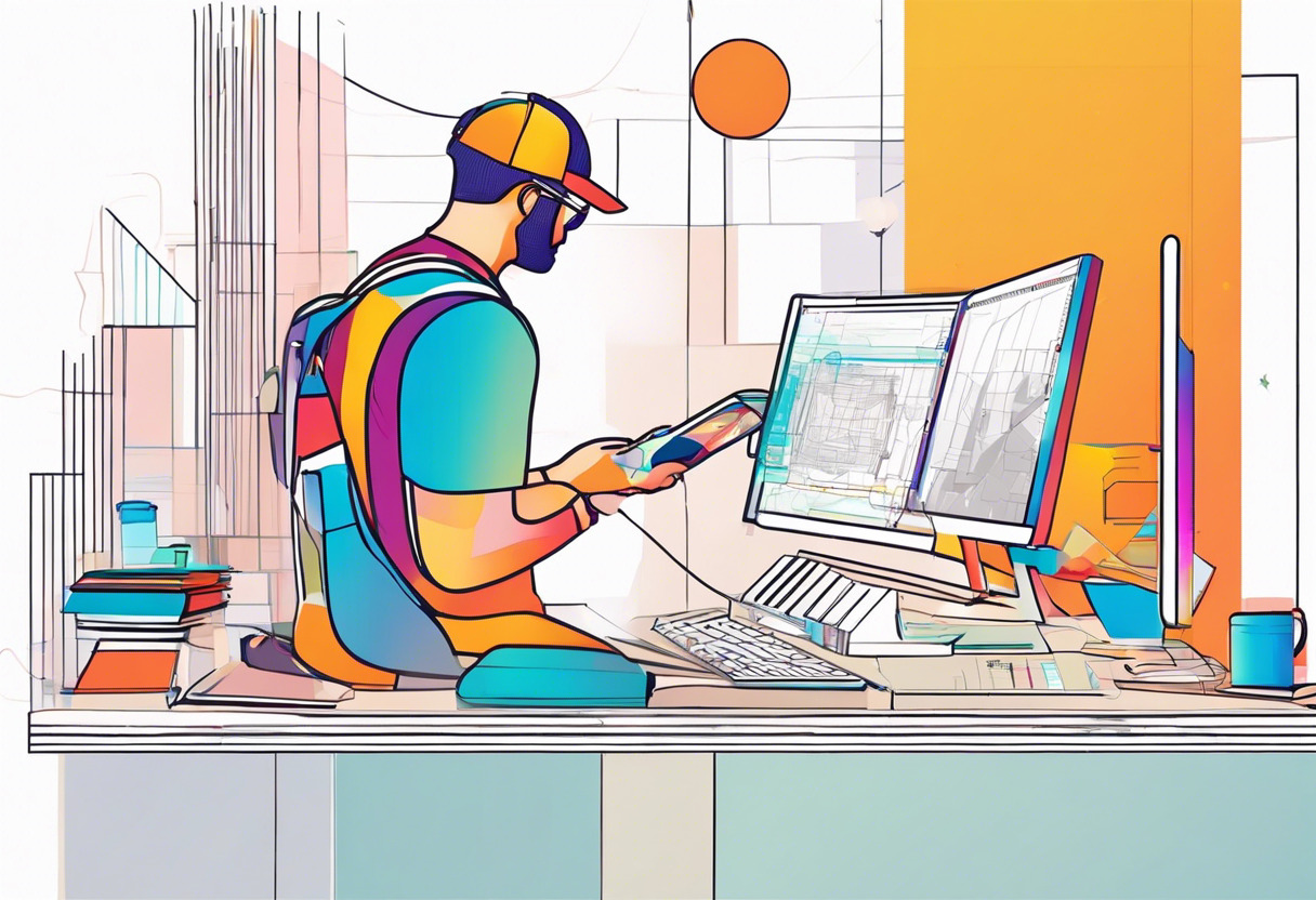 Colorful depiction of a coder deploying augmented reality software in an innovative studio