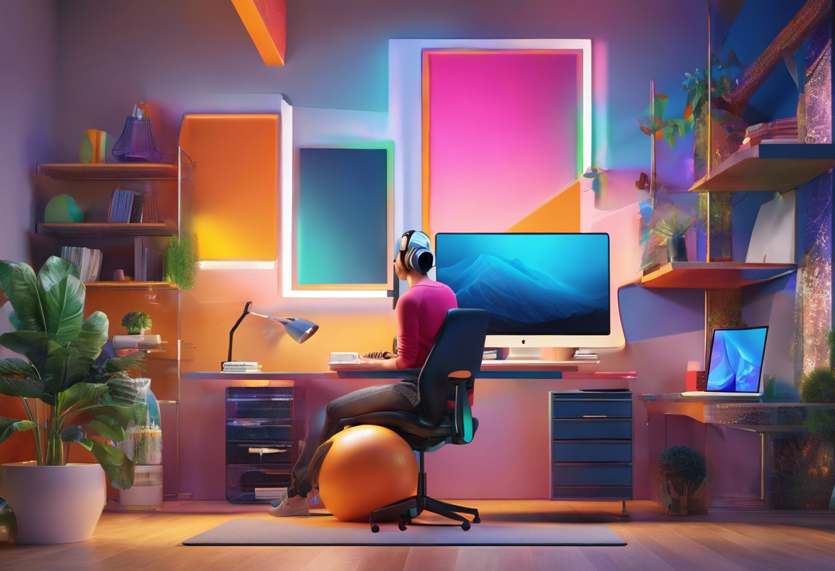 Colorful depiction of a creative professional designing AR content using MyWebAR in a vibrant open office