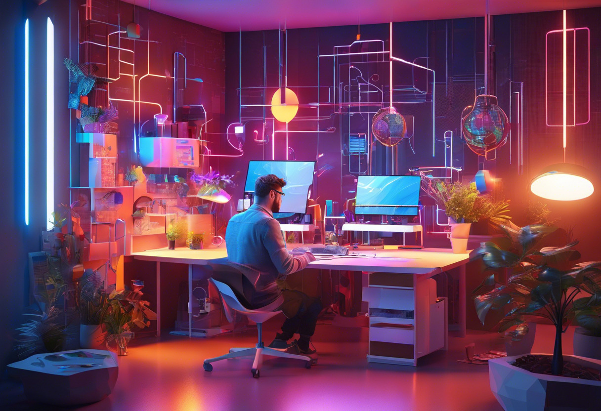 Colorful depiction of a creative professional experimenting in a technologically advanced AR workspace