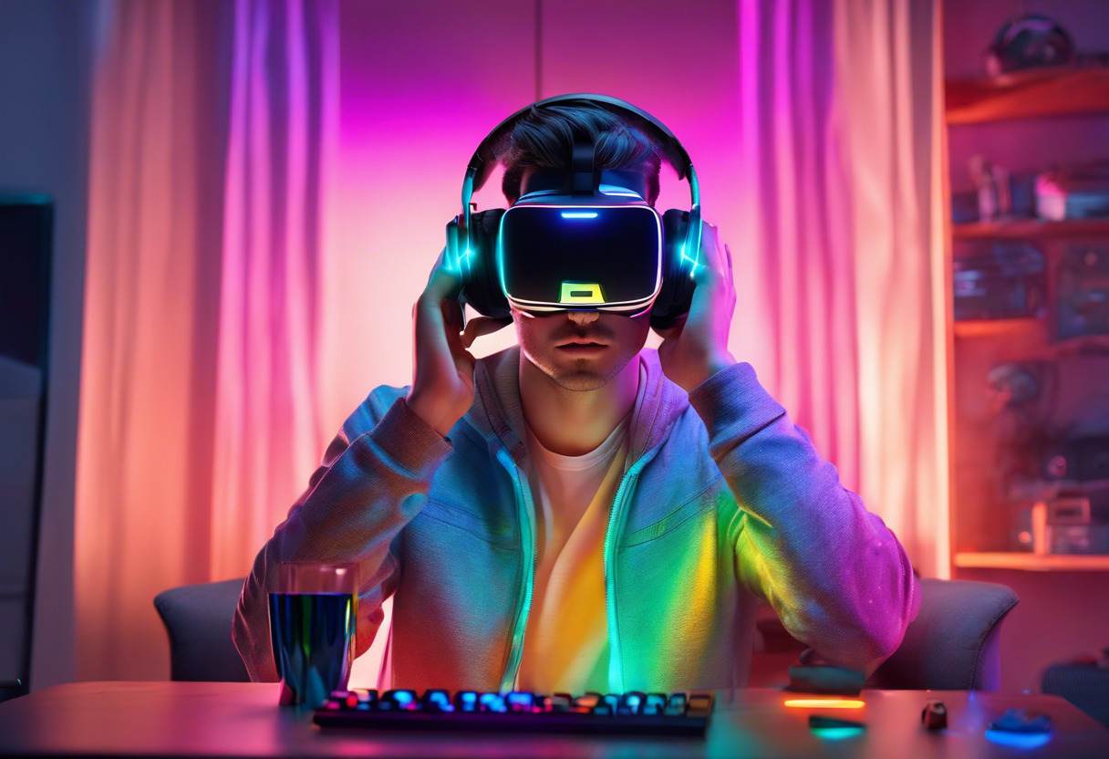 Colorful depiction of a dedicated gamer lost in the virtual reality world of Reverb G2, set in a comfortable at-home gaming setup