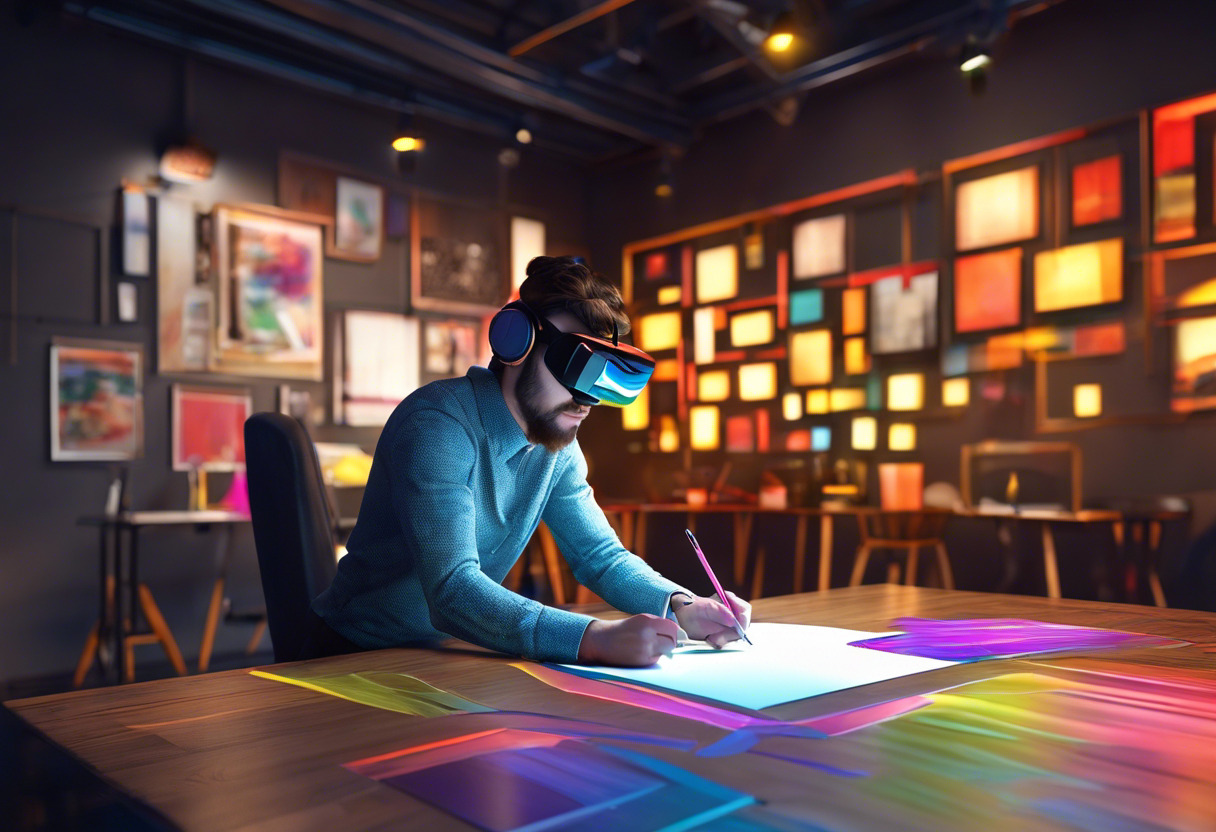 Colorful depiction of a designer sketching in a virtual reality environment