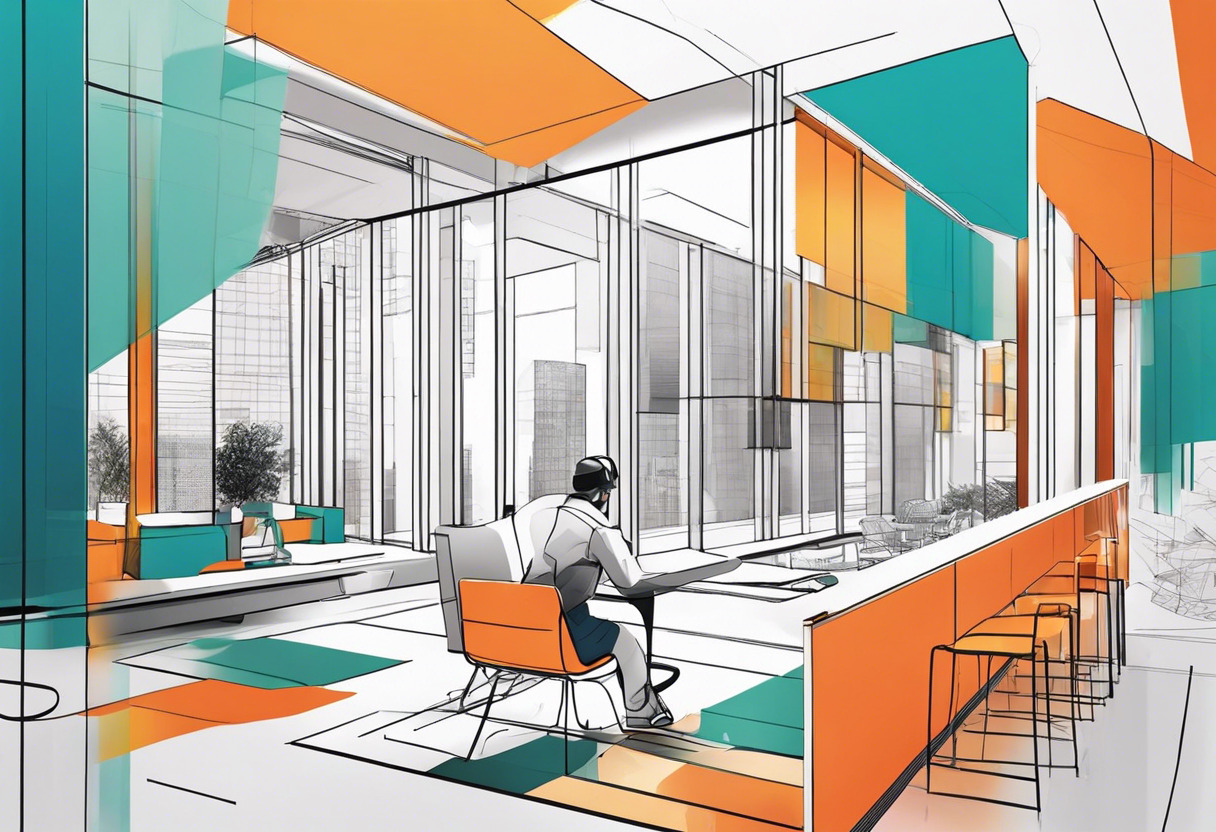 Colorful depiction of a designer using the Polycam app at a dynamic architectural site