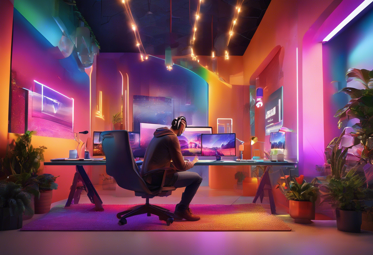 Colorful depiction of a developer engrossed in creating an AR experience at a tech hub.