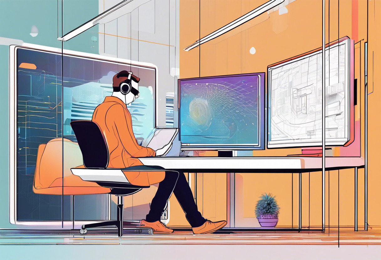 Colorful depiction of a developer immersed in AR development with EasyAR in an ultra-modern tech lab
