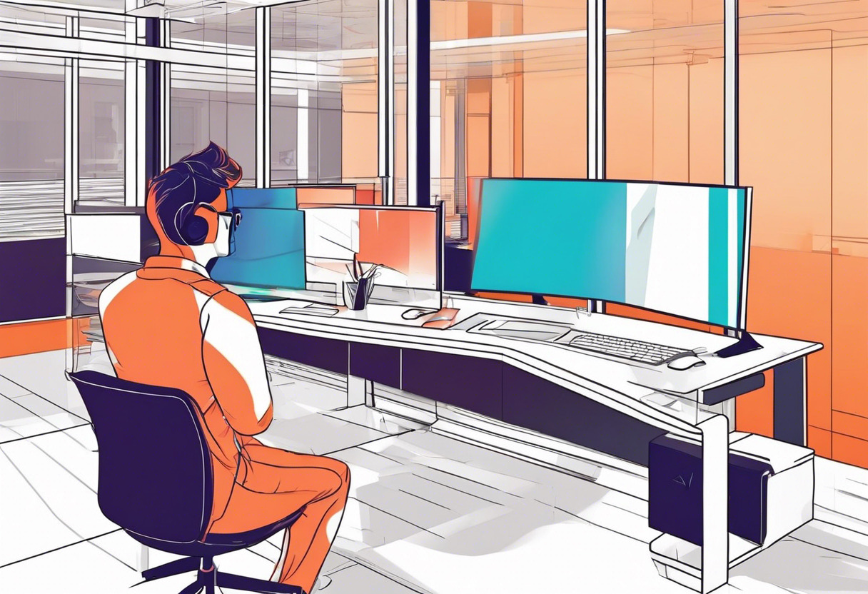 Colorful depiction of a developer transforming 3D animations using Three.js in a modern office