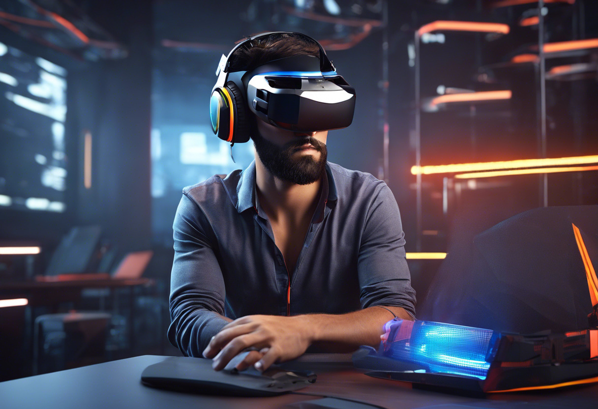 Colorful depiction of a developer using Unreal Engine for a VR simulation in a high-tech studio