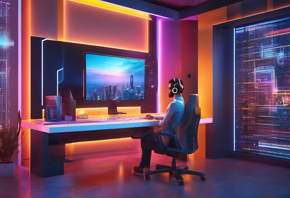Colorful depiction of a developer working in a digital space