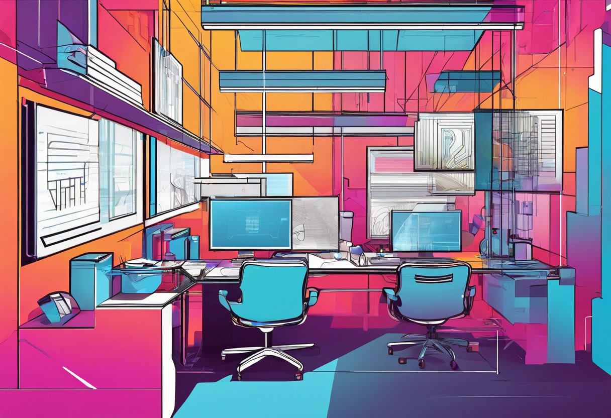 Colorful depiction of a developer working in a high-tech office, surrounded by floating 3D graphics