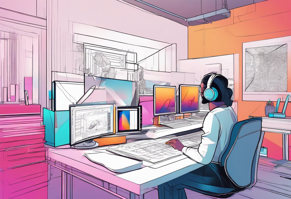 Colorful depiction of a digital artist working on a 3D model using Quixel Mixer in a tech-driven studio