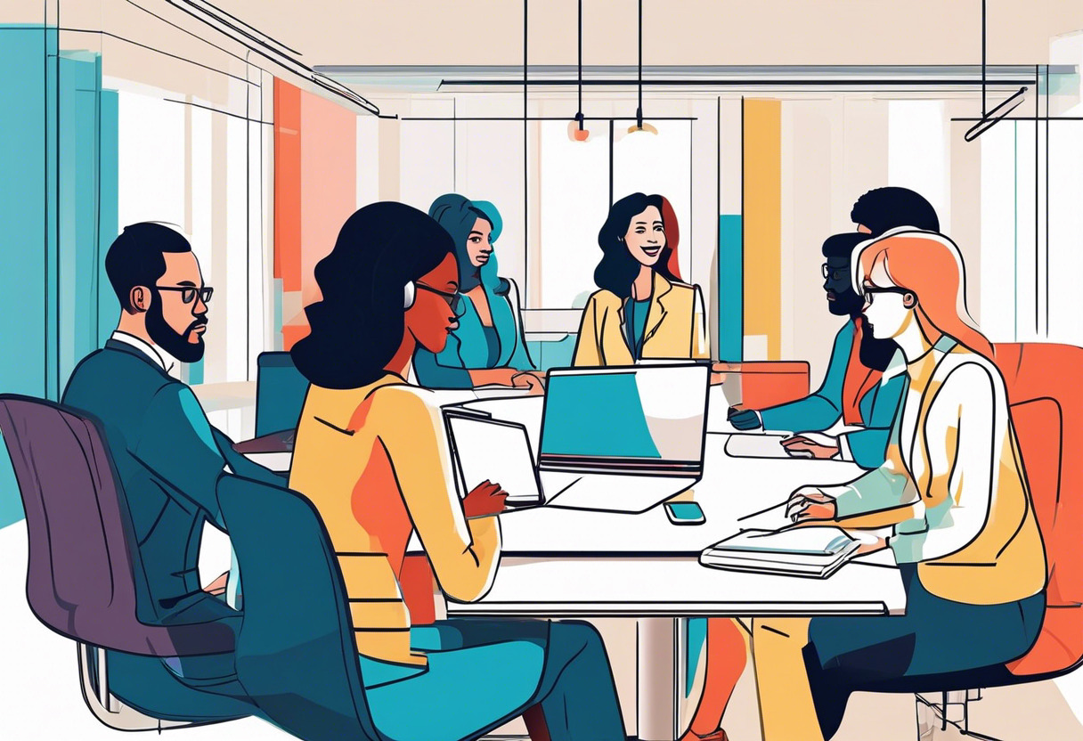 Colorful depiction of a diverse group of entrepreneurs engaging in a virtual meeting in a contemporary office