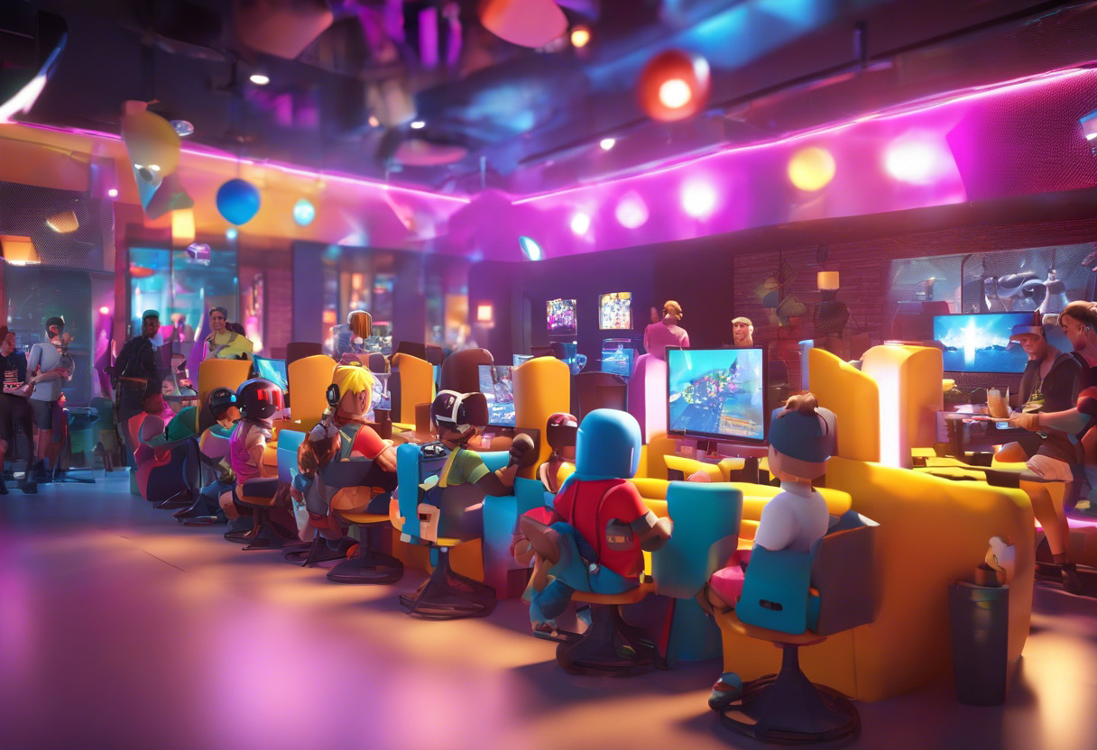 Colorful depiction of a diverse group of gamers enthusiastically engaged in a Roblox game in a gaming cafe
