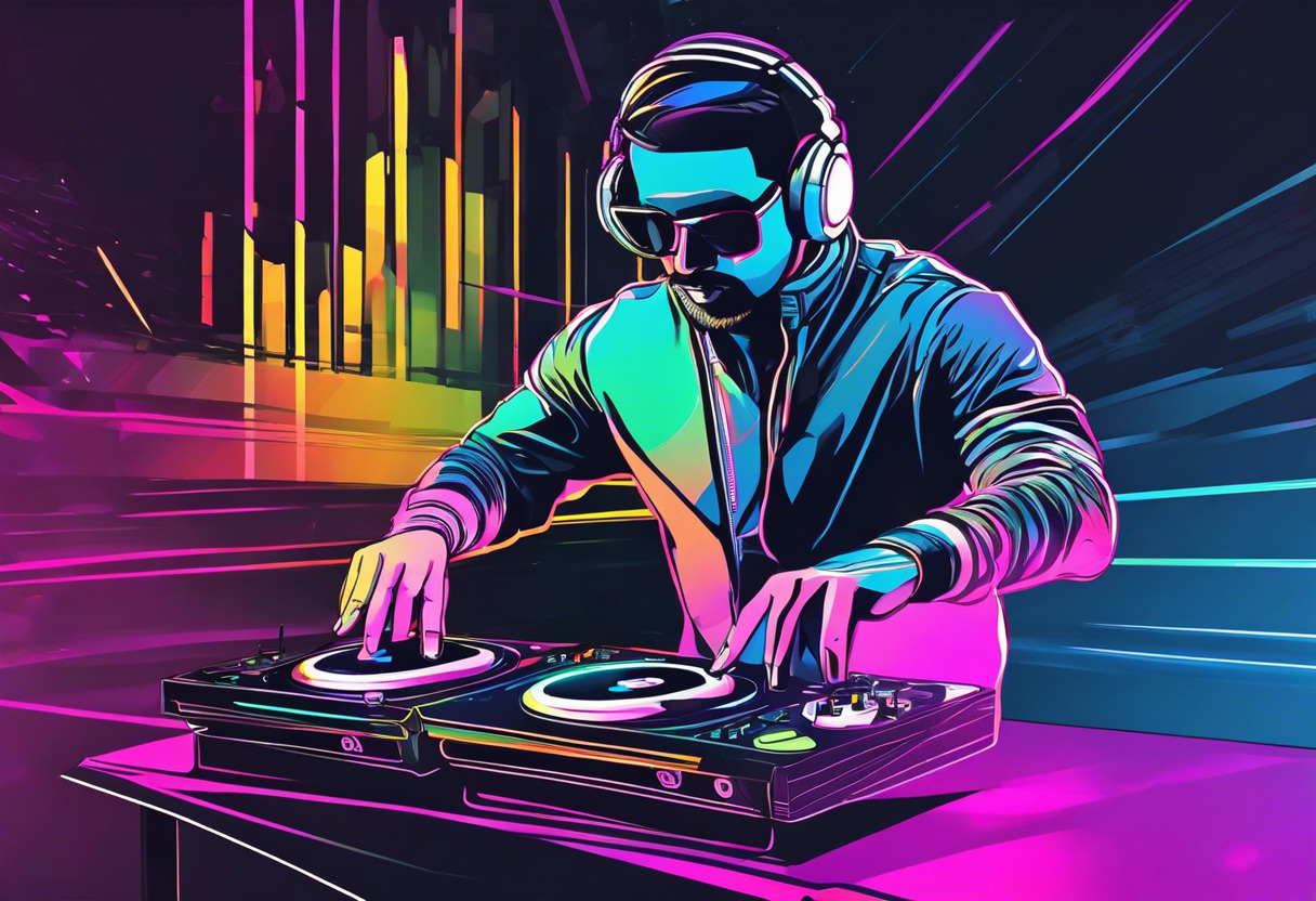 Colorful depiction of a DJ performing with Resolume in a vibrant night club