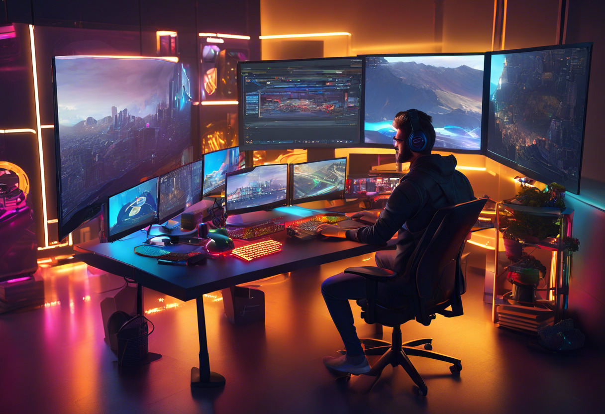 Colorful depiction of a game developer engrossed in a robust gaming project using MonoGame in a bustling tech studio