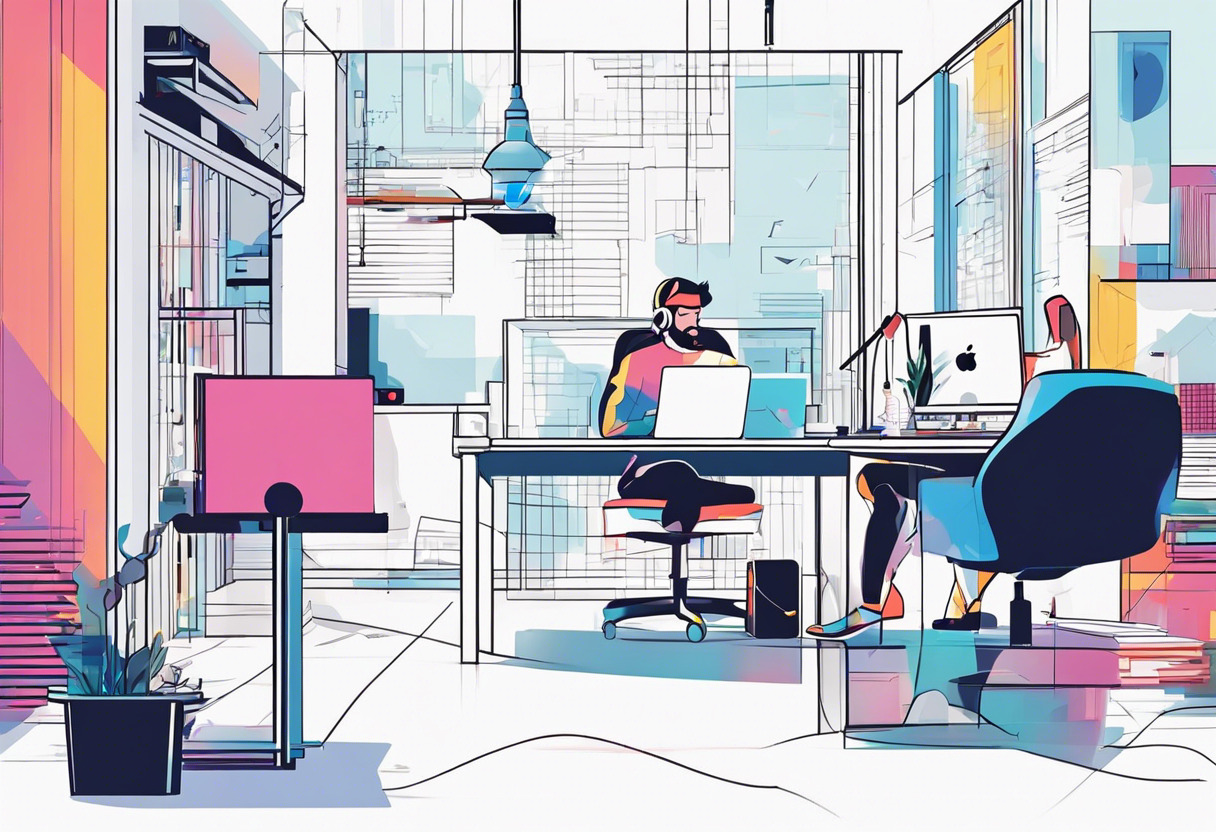 Colorful depiction of a game developer working on a Godot project in a high-tech workspace