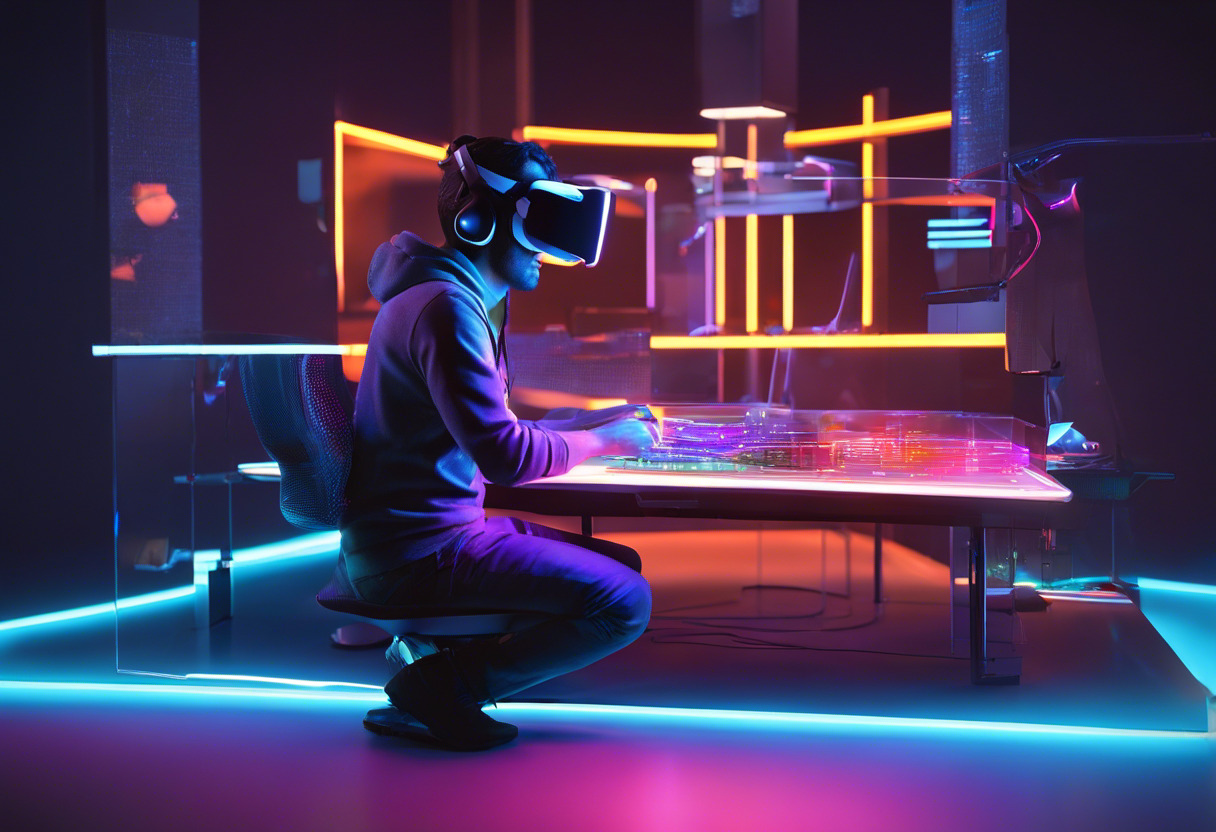 Colorful depiction of a game developer working on Unity platform in a virtual reality lab