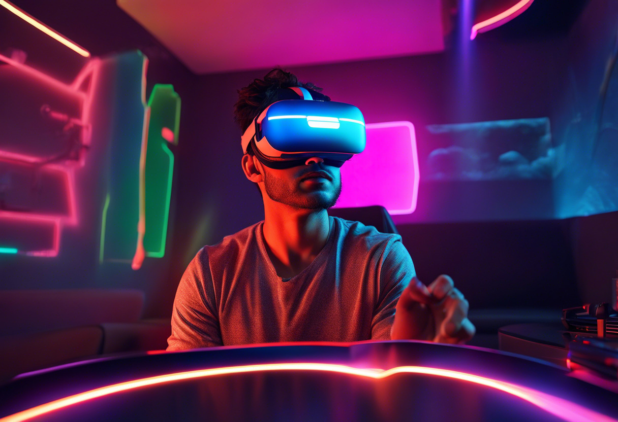 Colorful depiction of a gamer immersed in virtual reality through PSVR2 in a modern gaming room