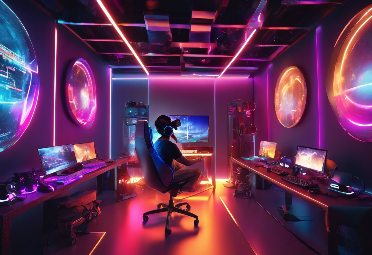 Colorful depiction of a gamer in a technologically advanced room, equipped with SteamVR