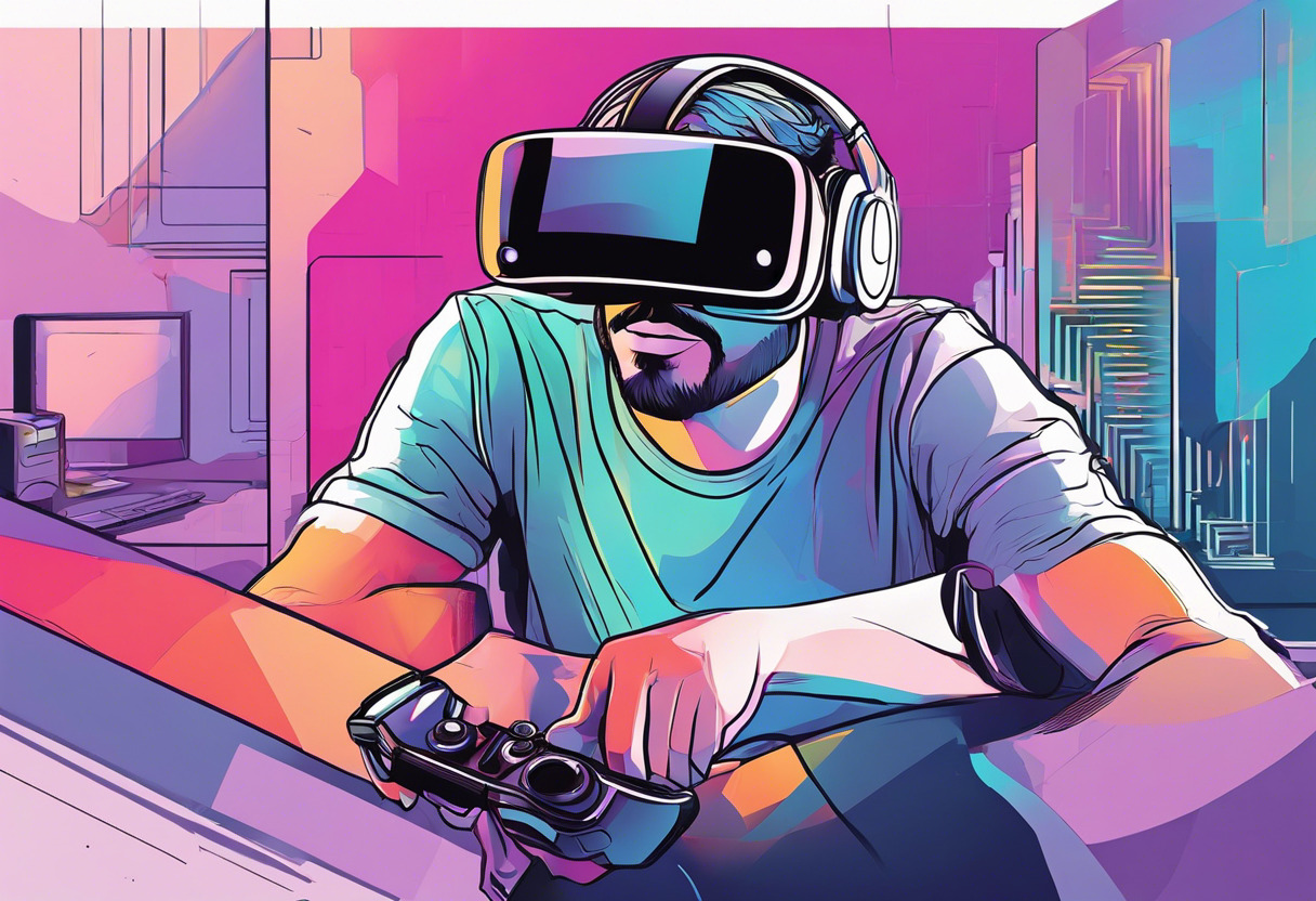 Colorful depiction of a gamer playing with a VR headset in an immersive environment