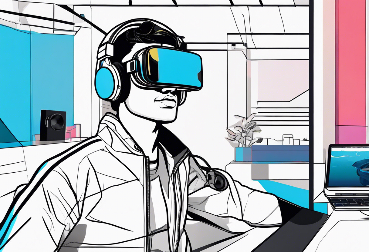 Colorful depiction of a gamer wearing a Valve Index headset in an immersive VR environment