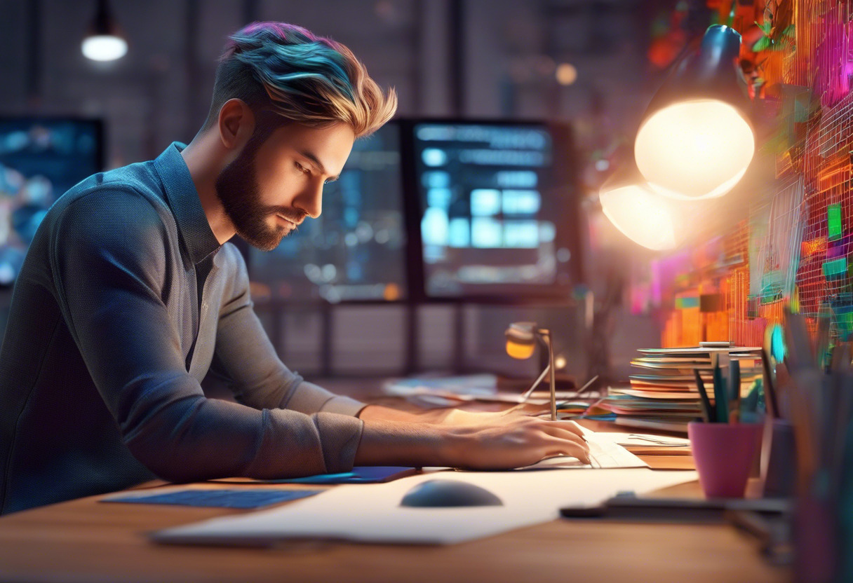 Colorful depiction of a graphic designer meticulously working on an animation project in a modern workspace.