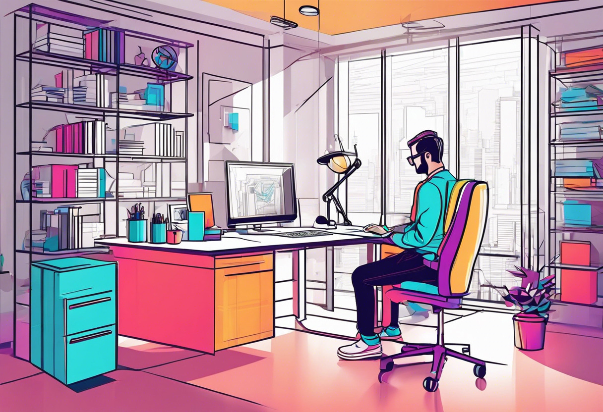 Colorful depiction of a Gravity Jack developer designing an AR game in a high-tech office