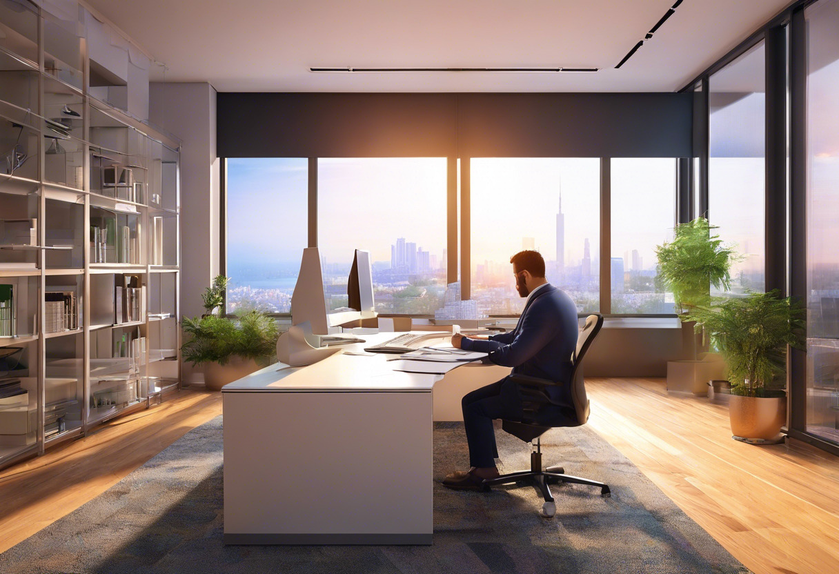 Colorful depiction of a meticulous architect working on AutoCAD in a vibrant office setup