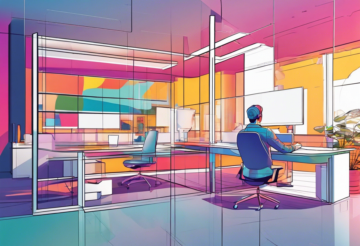 Colorful depiction of a person creating a digital twin model of their office space using a smartphone, set in a region merging real and virtual environments