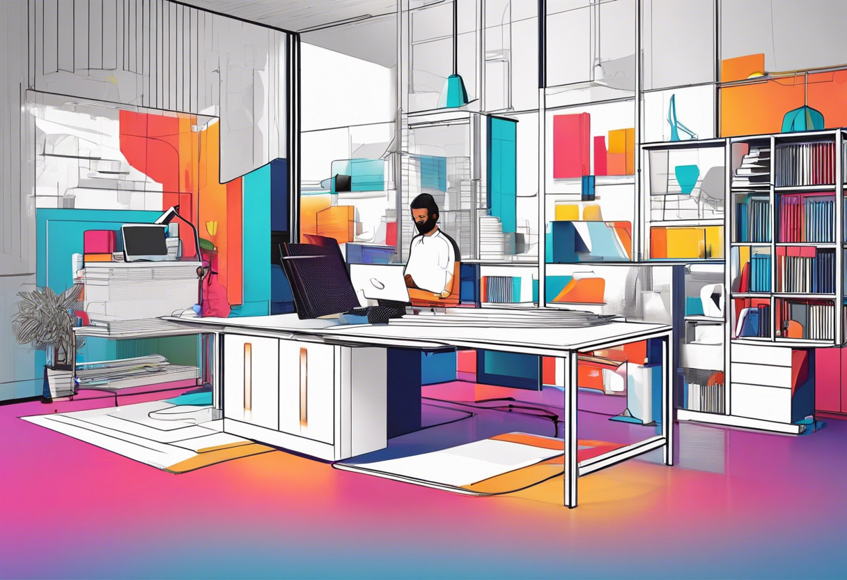 Colorful depiction of a professional 3D designer using Shapr3D in an industrial design studio