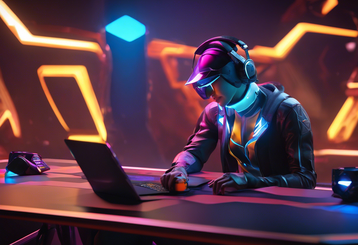 Colorful depiction of a professional gamer engaged with the Meta Quest 3 in a dynamic gaming arena.