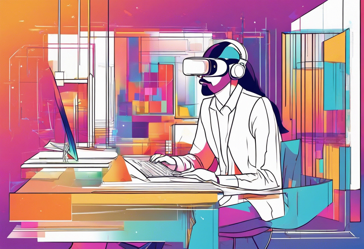 Colorful depiction of a professional seamlessly interacting with a web-based AR/VR technology at a digital workspace