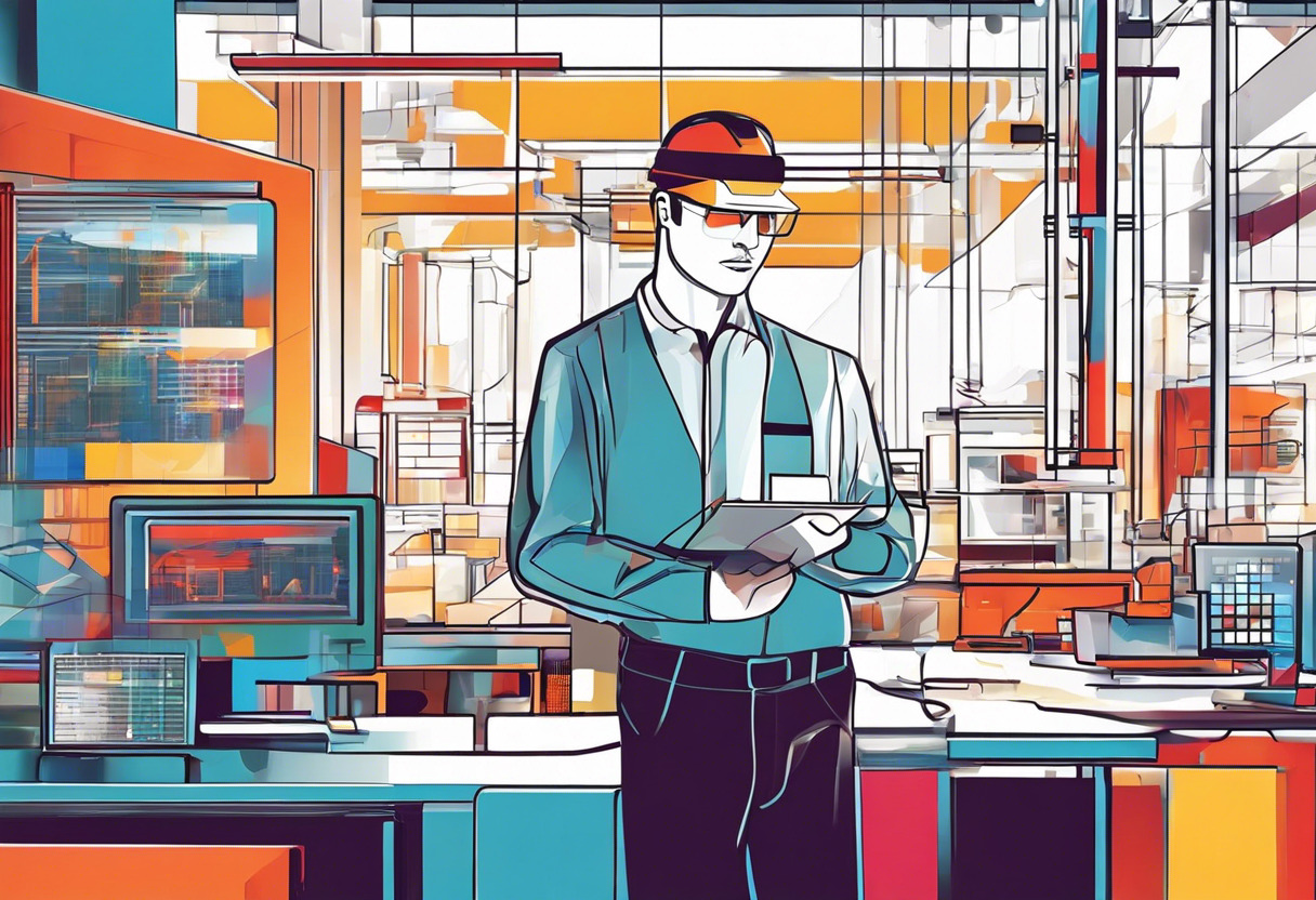 Colorful depiction of a professional using Google Glass in a factory setting