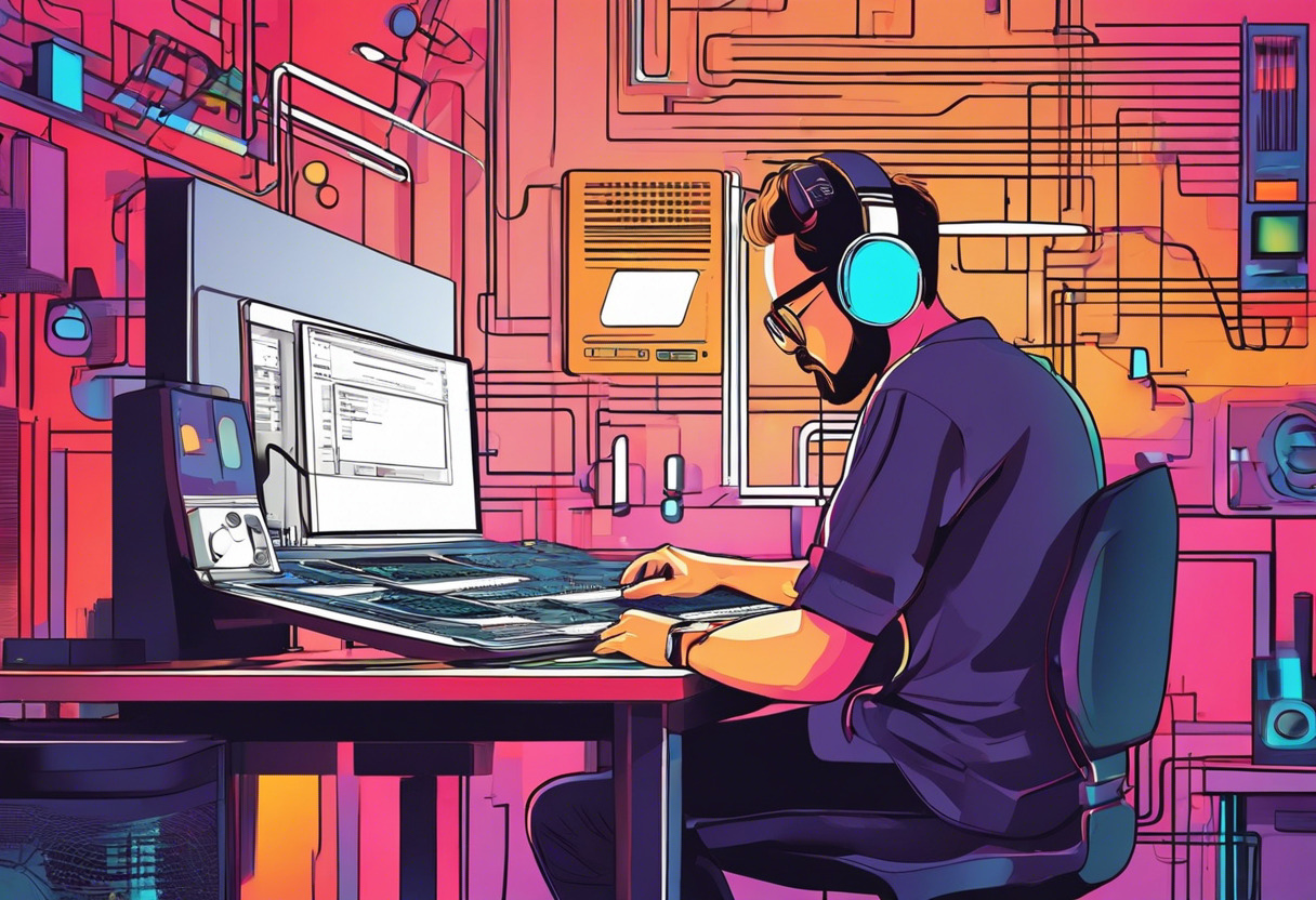Colorful depiction of a programmer crafting sounds in an audio lab