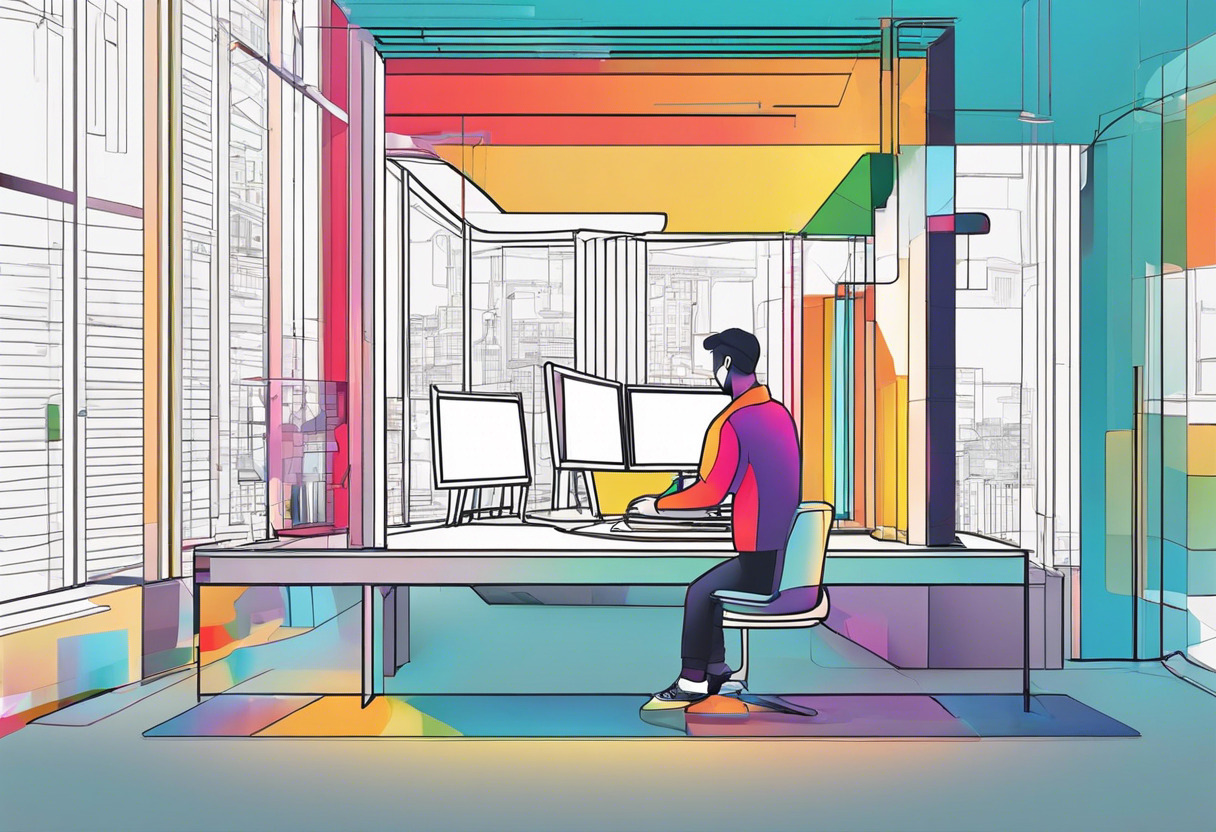 Colorful depiction of a programmer exploring interactive installations using TouchDesigner