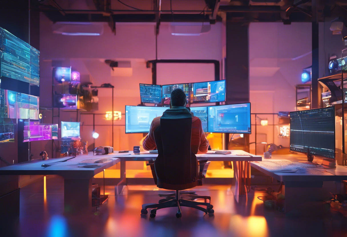 Colorful depiction of a programmer using Unreal Engine for game development in a gaming studio