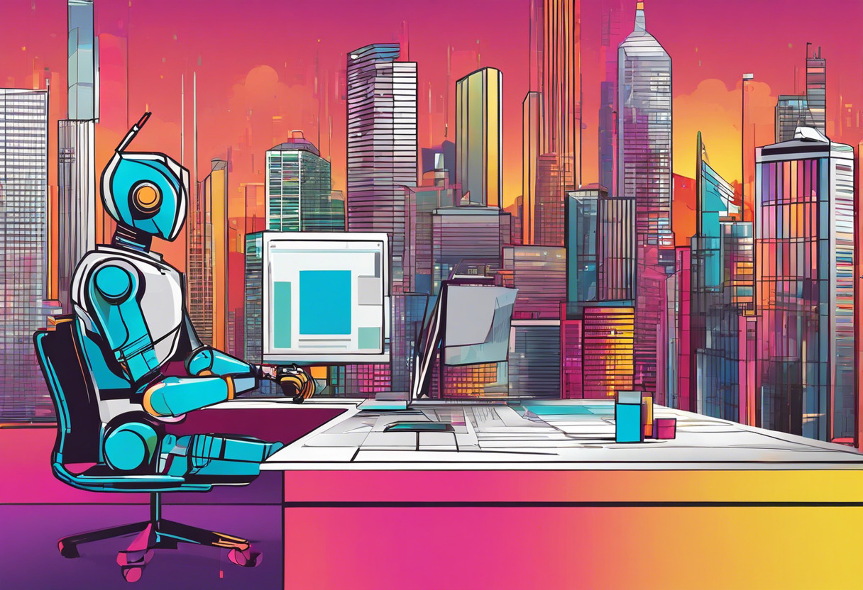 Colorful depiction of a robot processing data in a bustling financial district