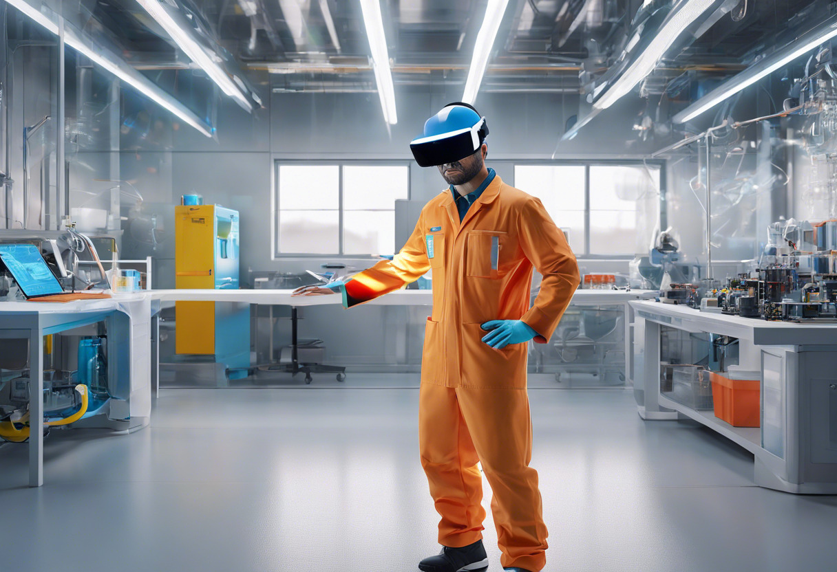 Colorful depiction of a scientist wearing a HoloLens 2 Industrial Edition in a clean room